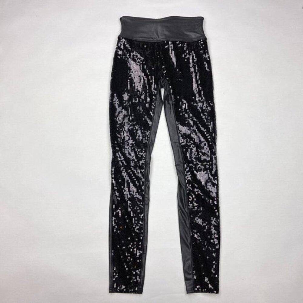 Spanx Faux Leather Sequin Leggings Stretch Nylon Slimming Pants Black Women S